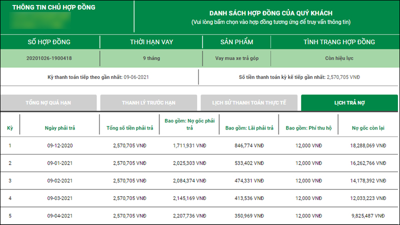 tra cứu hợp đồng đóng tiền trả góp FE Credit